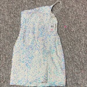 Crystal Doll One Shoulder Sequin Dress - White and Blue